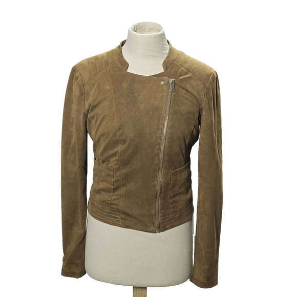 Vero Moda Jacket Suede Biker Size Small Womens Brown Full‎ Zip Cropped Lined - Picture 2 of 12